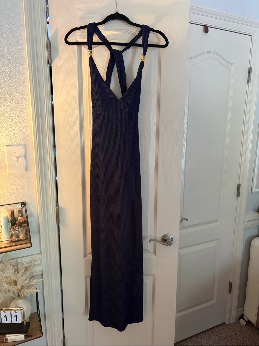 SHEIN Navy Ribbed Maxi Dress with Twist Back Straps